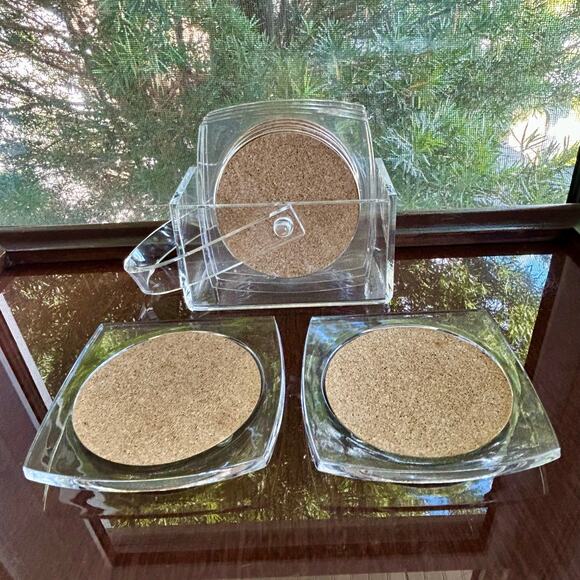 Vintage Clear Lucite and Cork Coaster Set with Holder – 6 Coasters with Caddy - Picture 6 of 13